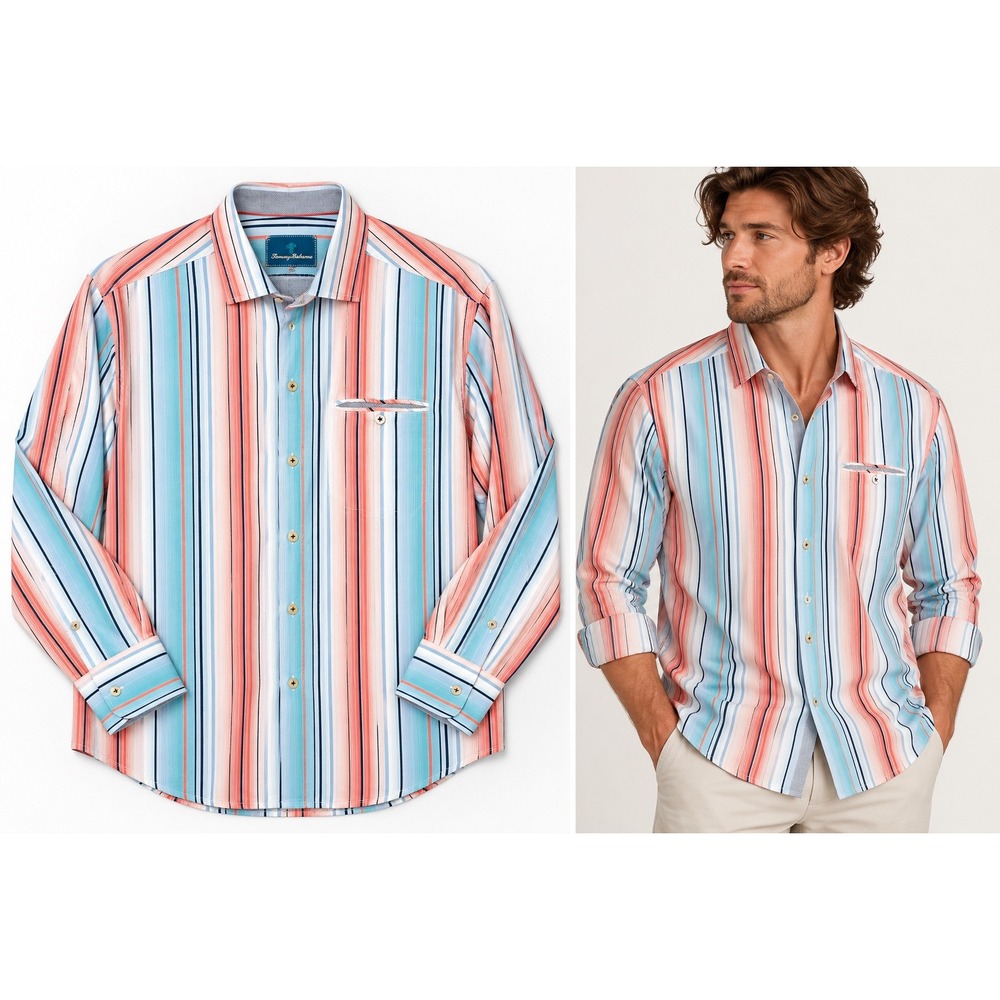 Tommy Bahama Men's Medium Long Sleeve Button Up Shirt Multicolor Stripe Coastal